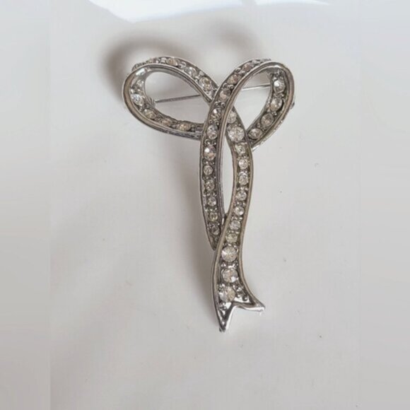 Vintage Retro Rhinestone Crystal Sterling Silver Bow Grandma Coquette Brooch Pin - Picture 5 of 6